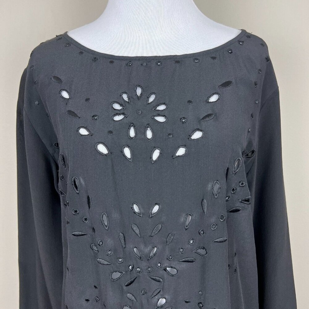 CLUB MONACO Tunic Top Womens Small Black Silk Eyelet 3/4‎ Sleeve Sheer Blouse S - Picture 4 of 16